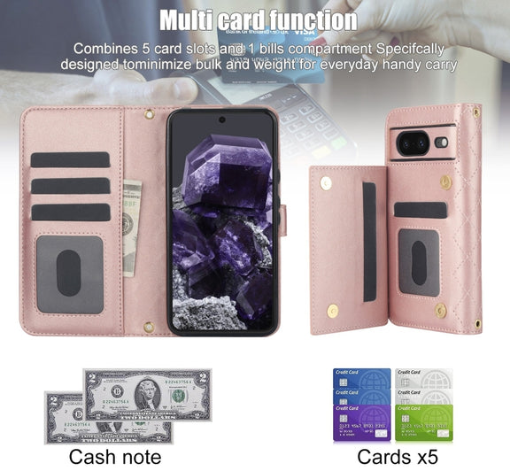 For Google Pixel 8a Crossbody Multifunction Rhombic Leather Phone Case(Rose Gold)