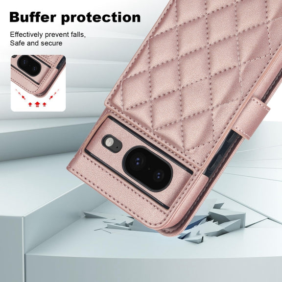 For Google Pixel 8a Crossbody Multifunction Rhombic Leather Phone Case(Rose Gold)