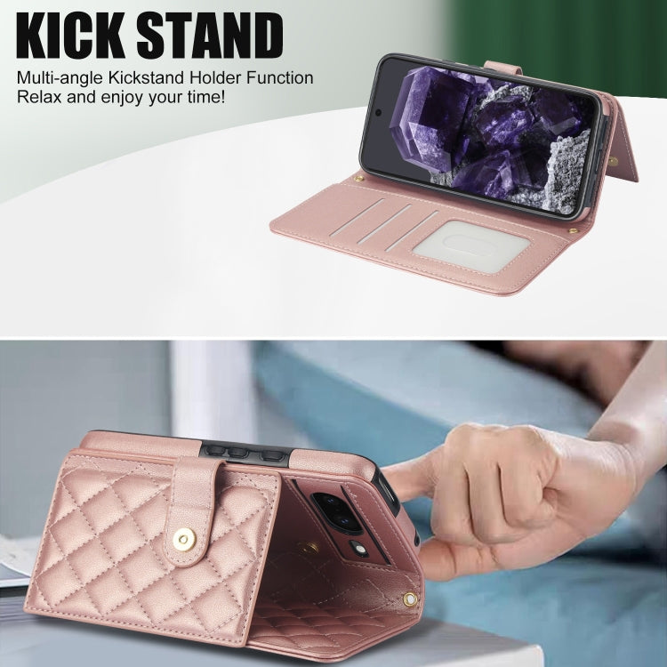 For Google Pixel 8a Crossbody Multifunction Rhombic Leather Phone Case(Rose Gold)
