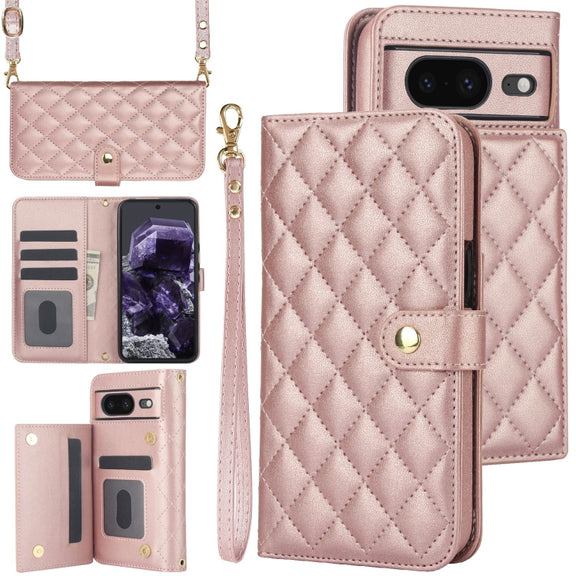 For Google Pixel 8a Crossbody Multifunction Rhombic Leather Phone Case(Rose Gold)