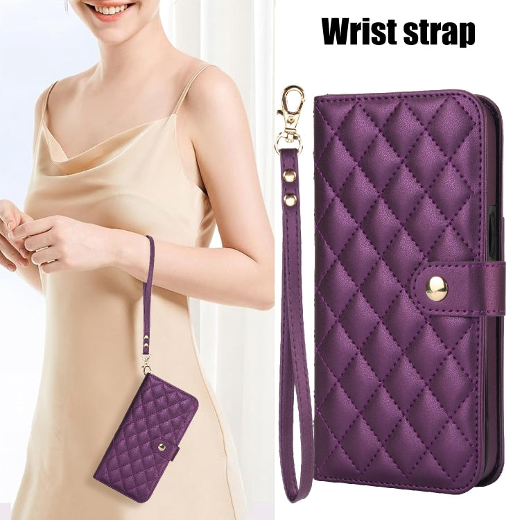 For Google Pixel 8a Crossbody Multifunction Rhombic Leather Phone Case(Dark Purple)