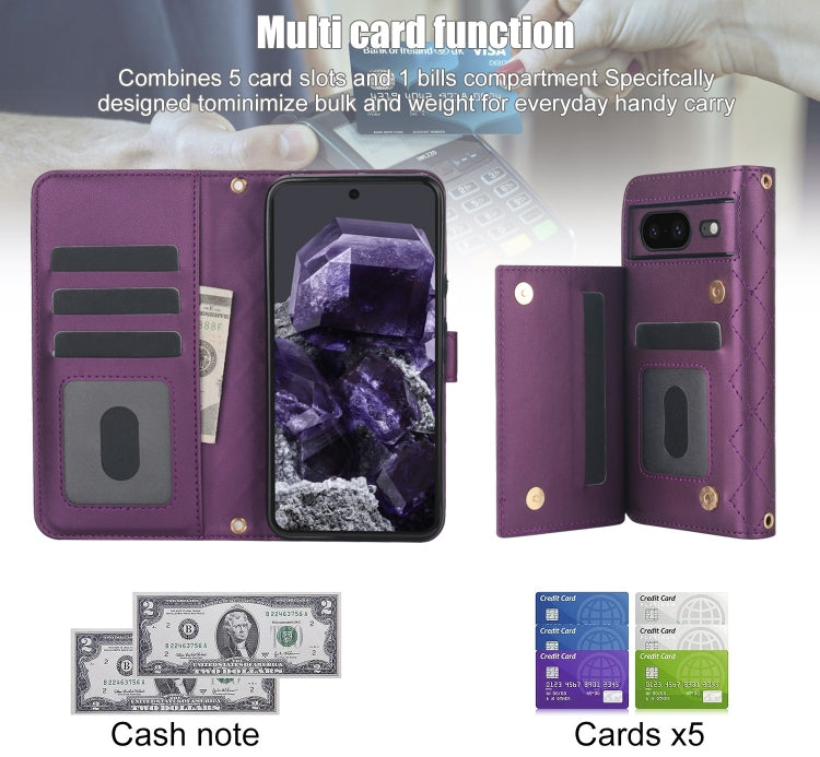 For Google Pixel 8a Crossbody Multifunction Rhombic Leather Phone Case(Dark Purple)