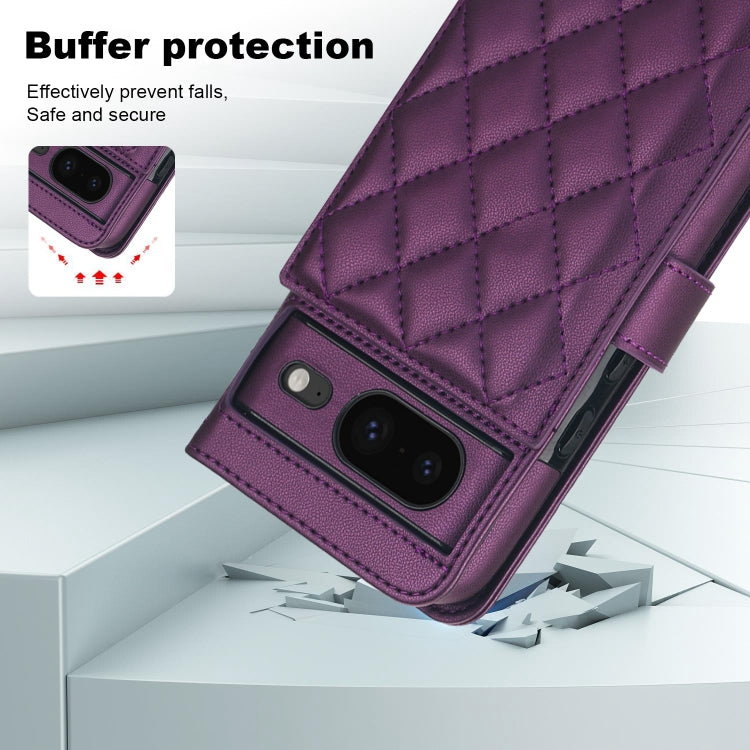 For Google Pixel 8a Crossbody Multifunction Rhombic Leather Phone Case(Dark Purple)