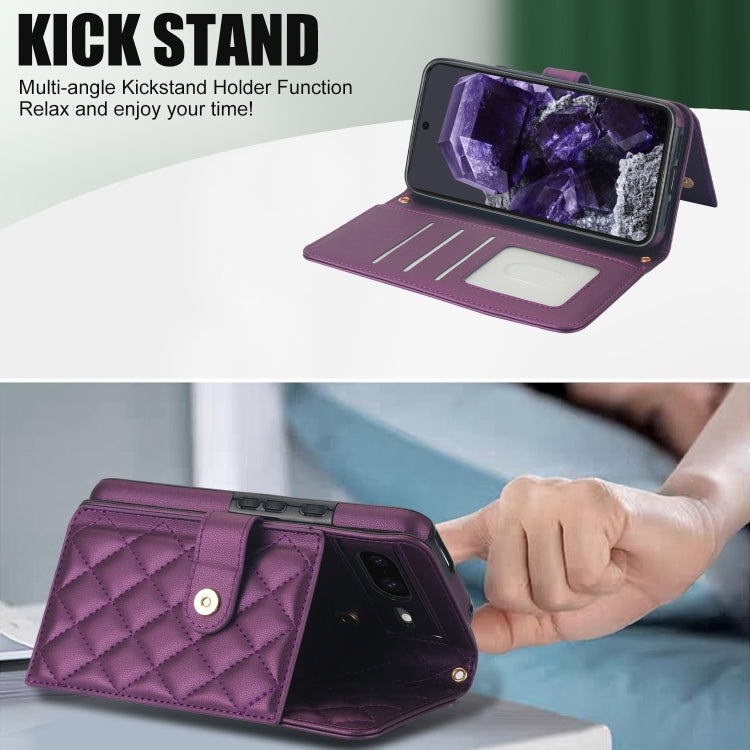 For Google Pixel 8a Crossbody Multifunction Rhombic Leather Phone Case(Dark Purple)