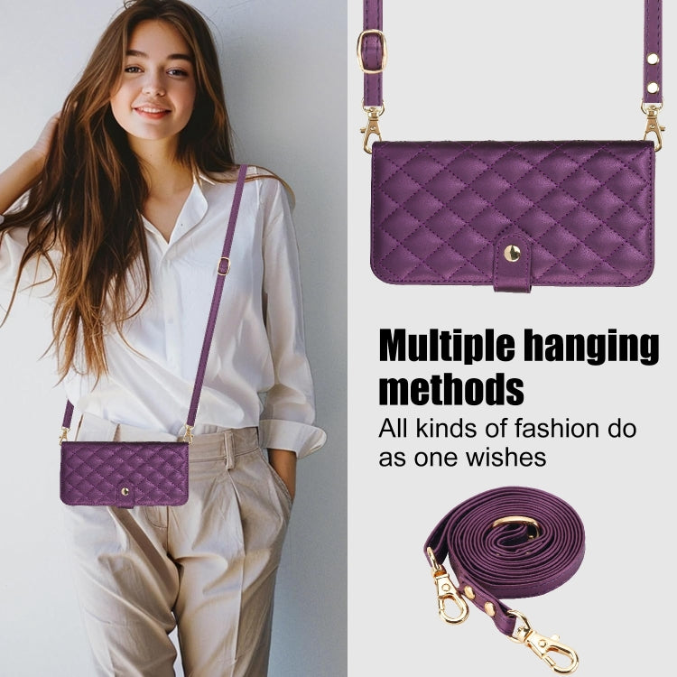 For Google Pixel 8a Crossbody Multifunction Rhombic Leather Phone Case(Dark Purple)