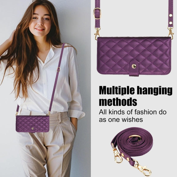 For Google Pixel 8a Crossbody Multifunction Rhombic Leather Phone Case(Dark Purple)