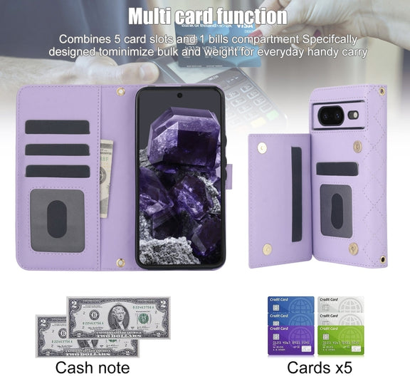 For Google Pixel 8a Crossbody Multifunction Rhombic Leather Phone Case(Purple)