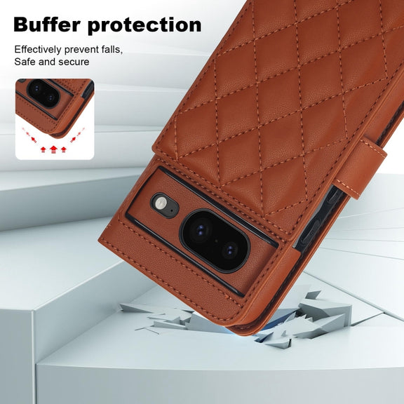 For Google Pixel 8a Crossbody Multifunction Rhombic Leather Phone Case(Brown)