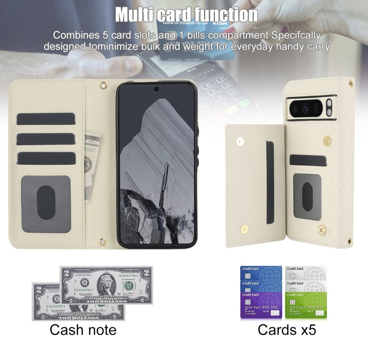 For Google Pixel 8 Pro Crossbody Multifunction Rhombic Leather Phone Case(White)