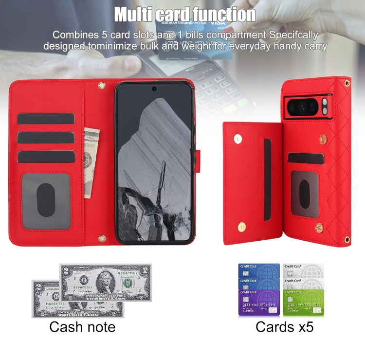 For Google Pixel 8 Pro Crossbody Multifunction Rhombic Leather Phone Case(Red)