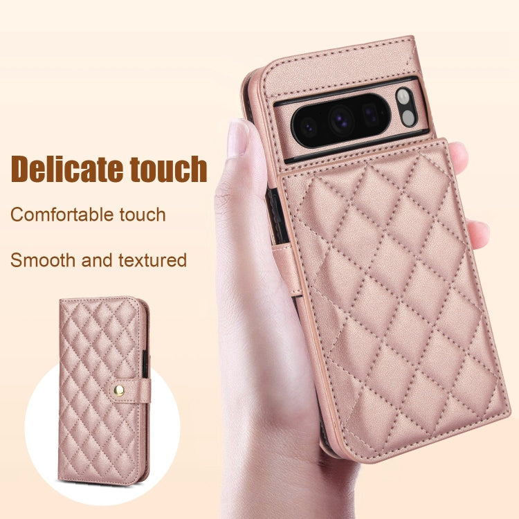 For Google Pixel 8 Pro Crossbody Multifunction Rhombic Leather Phone Case(Rose Gold)