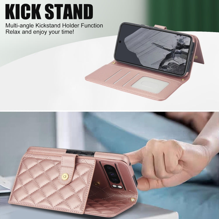 For Google Pixel 8 Pro Crossbody Multifunction Rhombic Leather Phone Case(Rose Gold)