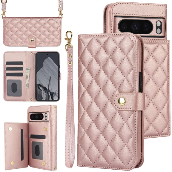 For Google Pixel 8 Pro Crossbody Multifunction Rhombic Leather Phone Case(Rose Gold)