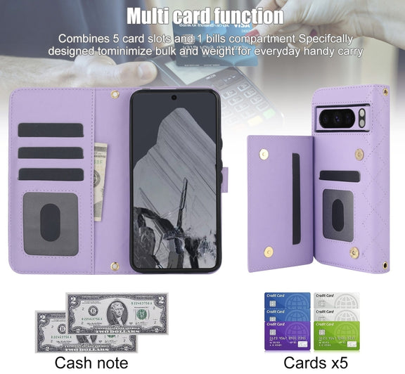 For Google Pixel 8 Pro Crossbody Multifunction Rhombic Leather Phone Case(Purple)