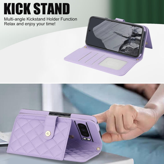 For Google Pixel 8 Pro Crossbody Multifunction Rhombic Leather Phone Case(Purple)