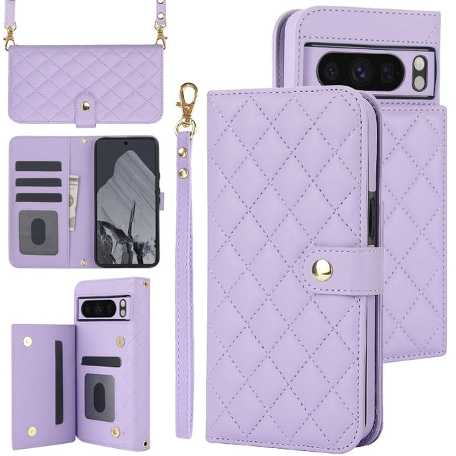 For Google Pixel 8 Pro Crossbody Multifunction Rhombic Leather Phone Case(Purple)