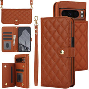 For Google Pixel 8 Pro Crossbody Multifunction Rhombic Leather Phone Case(Brown)