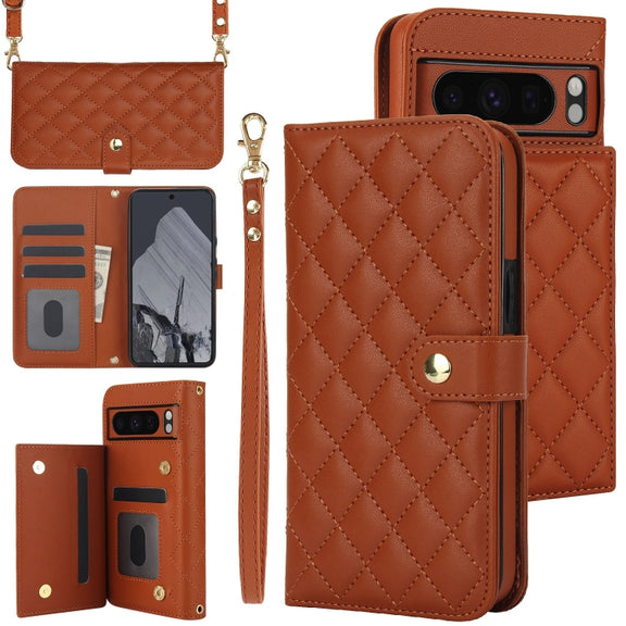 For Google Pixel 8 Pro Crossbody Multifunction Rhombic Leather Phone Case(Brown)