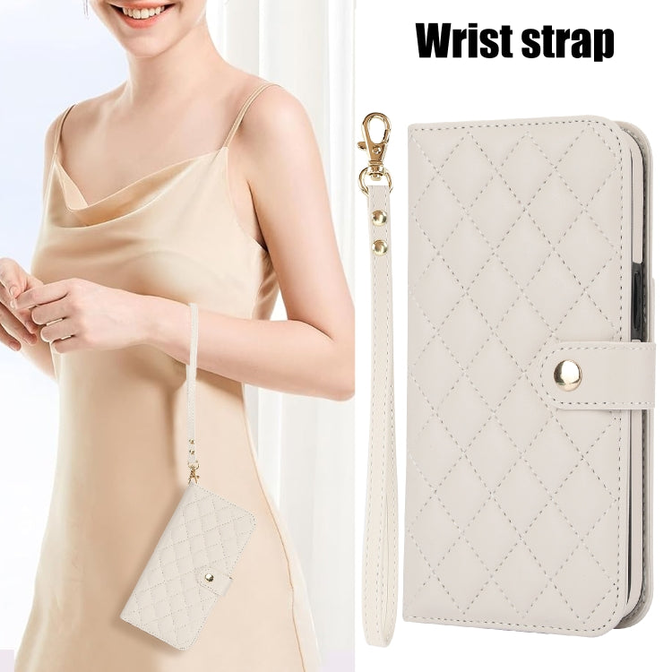 For Google Pixel 9 Crossbody Multifunction Rhombic Leather Phone Case(White)