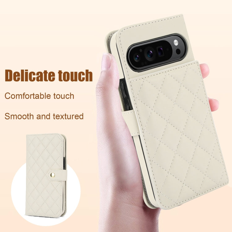 For Google Pixel 9 Crossbody Multifunction Rhombic Leather Phone Case(White)