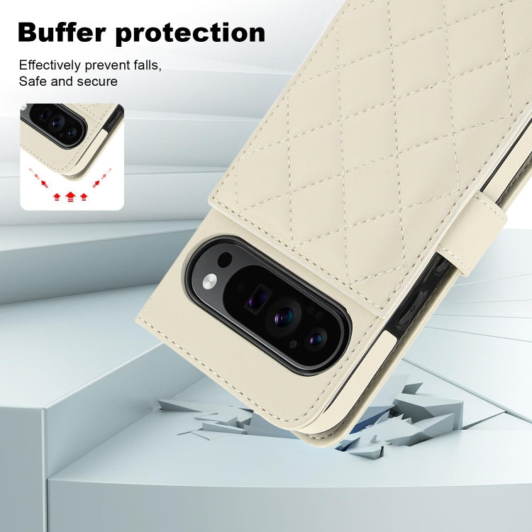 For Google Pixel 9 Crossbody Multifunction Rhombic Leather Phone Case(White)
