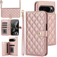 For Google Pixel 9 Crossbody Multifunction Rhombic Leather Phone Case(Rose Gold) - Google Cases by PMC TechLife | Online Shopping South Africa | PMC TechLife | Buy Now Pay Later Mobicred