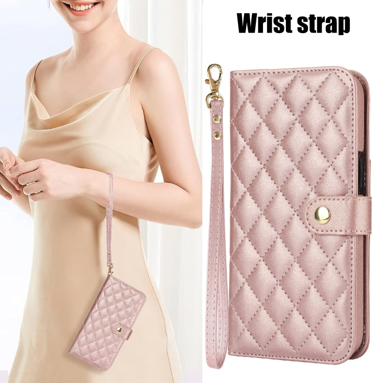 For Google Pixel 9 Crossbody Multifunction Rhombic Leather Phone Case(Rose Gold)