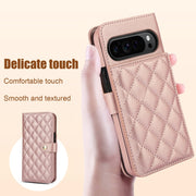 For Google Pixel 9 Crossbody Multifunction Rhombic Leather Phone Case(Rose Gold)