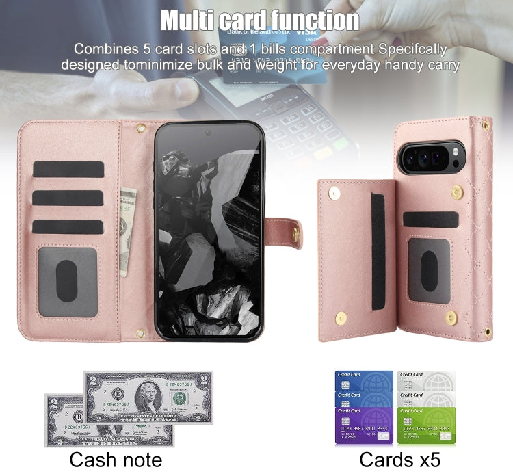 For Google Pixel 9 Crossbody Multifunction Rhombic Leather Phone Case(Rose Gold)