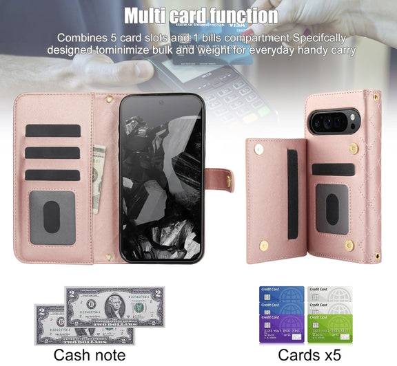 For Google Pixel 9 Crossbody Multifunction Rhombic Leather Phone Case(Rose Gold)