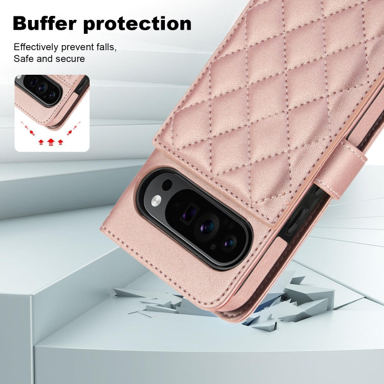 For Google Pixel 9 Crossbody Multifunction Rhombic Leather Phone Case(Rose Gold)