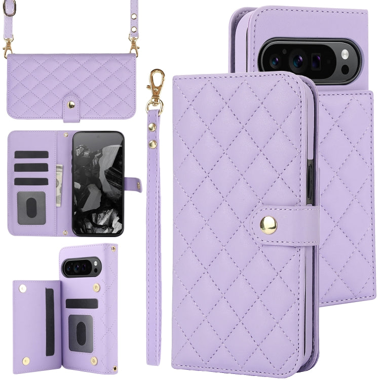 For Google Pixel 9 Crossbody Multifunction Rhombic Leather Phone Case(Purple)