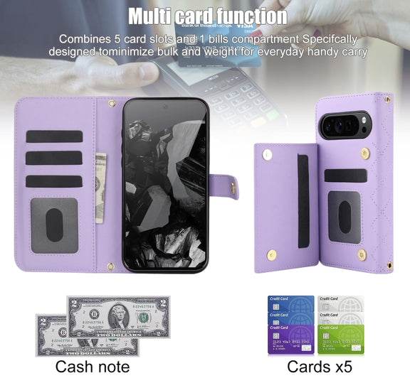 For Google Pixel 9 Crossbody Multifunction Rhombic Leather Phone Case(Purple)