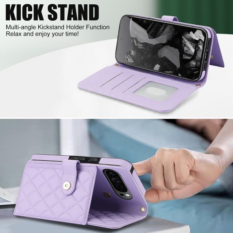 For Google Pixel 9 Crossbody Multifunction Rhombic Leather Phone Case(Purple)