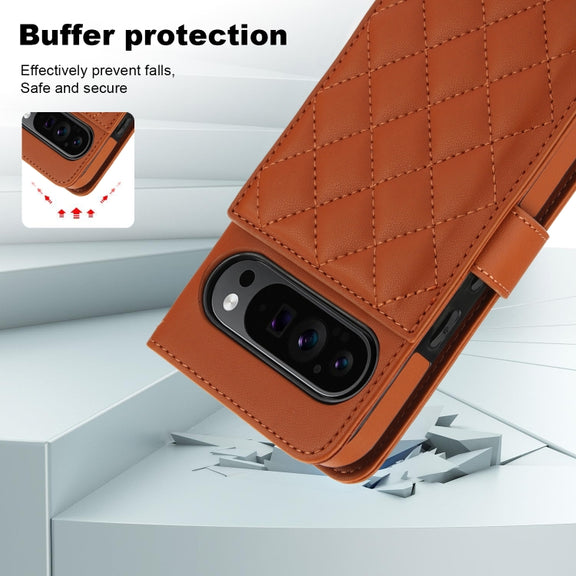 For Google Pixel 9 Crossbody Multifunction Rhombic Leather Phone Case(Brown)