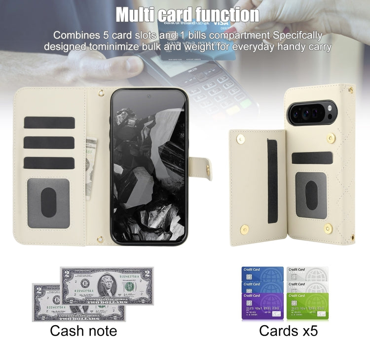 For Google Pixel 9 Pro XL Crossbody Multifunction Rhombic Leather Phone Case(White)