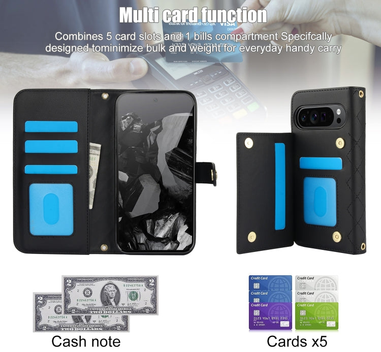 For Google Pixel 9 Pro XL Crossbody Multifunction Rhombic Leather Phone Case(Black)