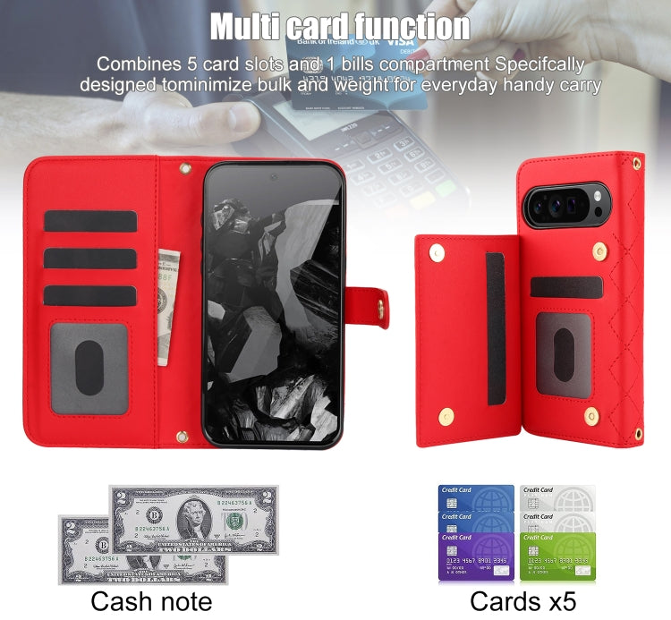 For Google Pixel 9 Pro XL Crossbody Multifunction Rhombic Leather Phone Case(Red)