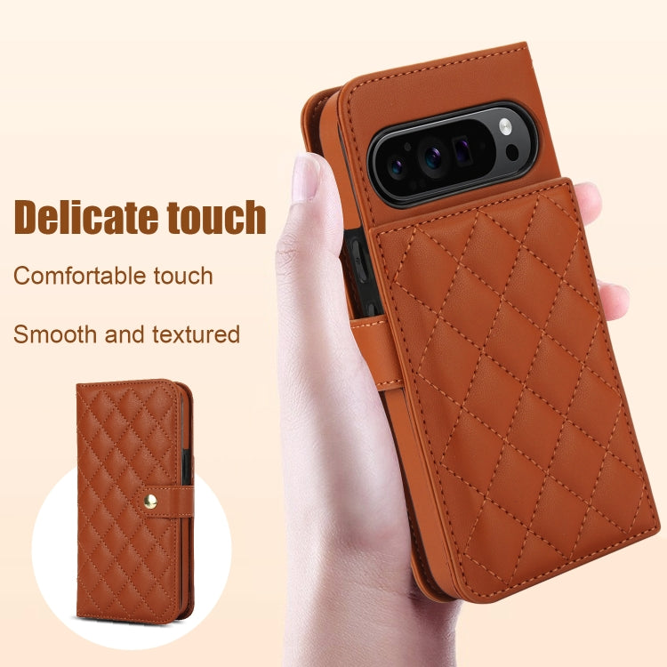 For Google Pixel 9 Pro XL Crossbody Multifunction Rhombic Leather Phone Case(Brown)