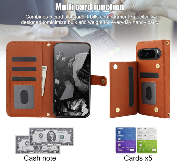 For Google Pixel 9 Pro XL Crossbody Multifunction Rhombic Leather Phone Case(Brown)