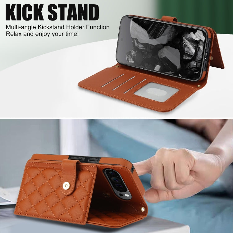 For Google Pixel 9 Pro XL Crossbody Multifunction Rhombic Leather Phone Case(Brown)