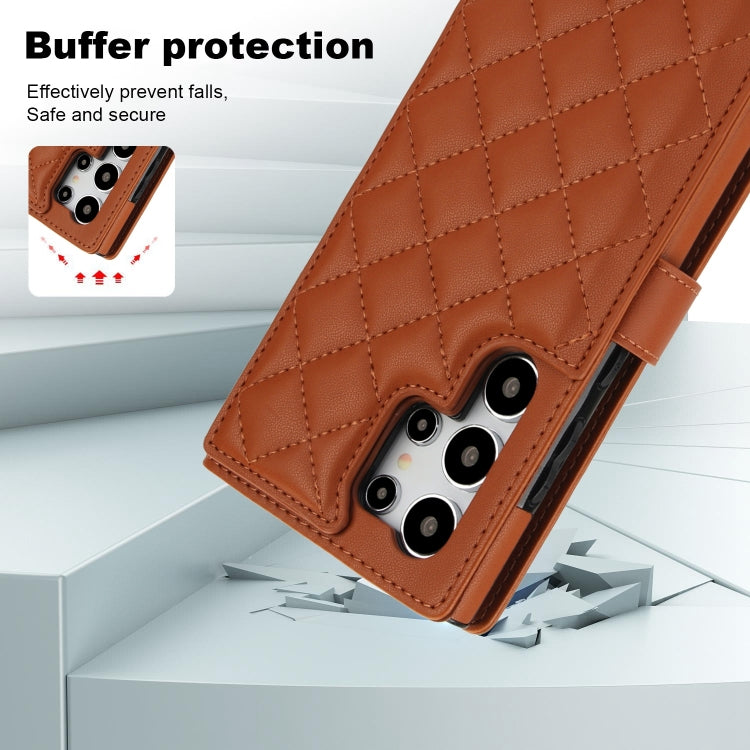 For Samsung Galaxy S24 Ultra 5G Crossbody Multifunction Rhombic Leather Phone Case(Brown)