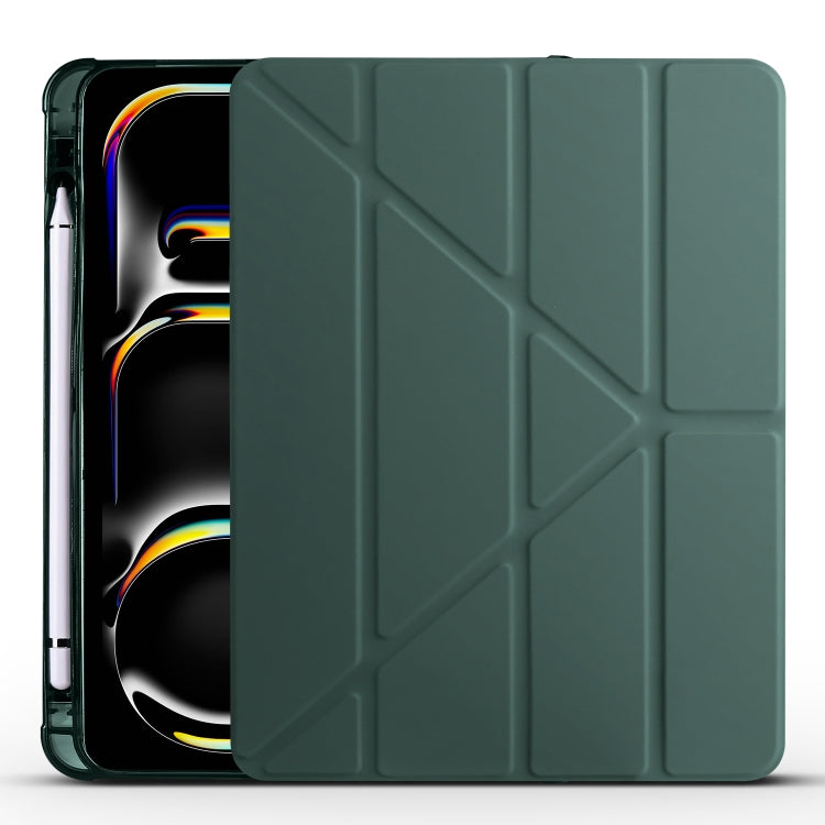 For iPad Pro 11 2024 Multi-folding TPU Leather Smart Tablet Case with Pen Slot(Pine Green)