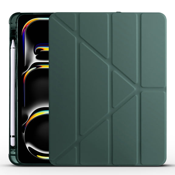 For iPad Pro 11 2024 Multi-folding TPU Leather Smart Tablet Case with Pen Slot(Pine Green)