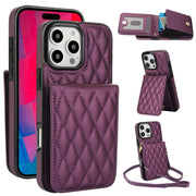 For iPhone 16 Pro YM015 Crossbody Rhombic Card Bag RFID Phone Case(Dark Purple)