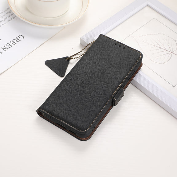 For iPhone 16 Side-Magnetic TJ Genuine Leather RFID Phone Case(Black)