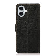 For iPhone 16 Plus KHAZNEH Side-Magnetic Litchi Genuine Leather RFID Case(Black)