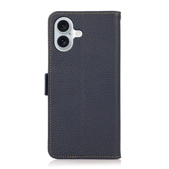 For iPhone 16 Plus KHAZNEH Side-Magnetic Litchi Genuine Leather RFID Case(Blue)