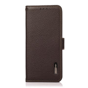 For iPhone 16 Plus KHAZNEH Side-Magnetic Litchi Genuine Leather RFID Case(Brown)