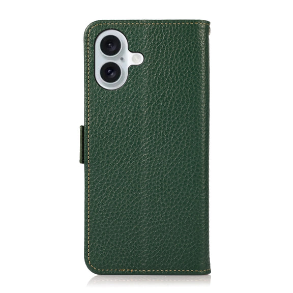 For iPhone 16 KHAZNEH Side-Magnetic Litchi Genuine Leather RFID Case(Green)